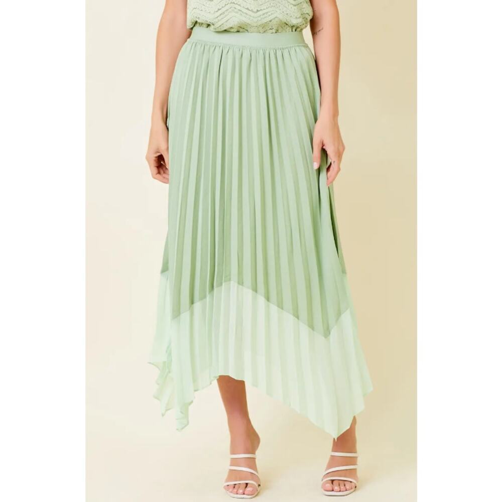 Sage Green Pleated Midi Skirt Asymmetrical Hem - Picture 8 of 9